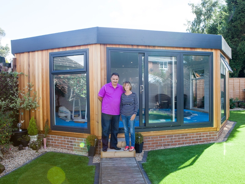 Cabin Master Cedar Swim Spa and Pool Garden Room with Owners